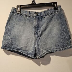 Y2K Denim Shorts Floral Embroidered High Rise Blue Jean Shorts